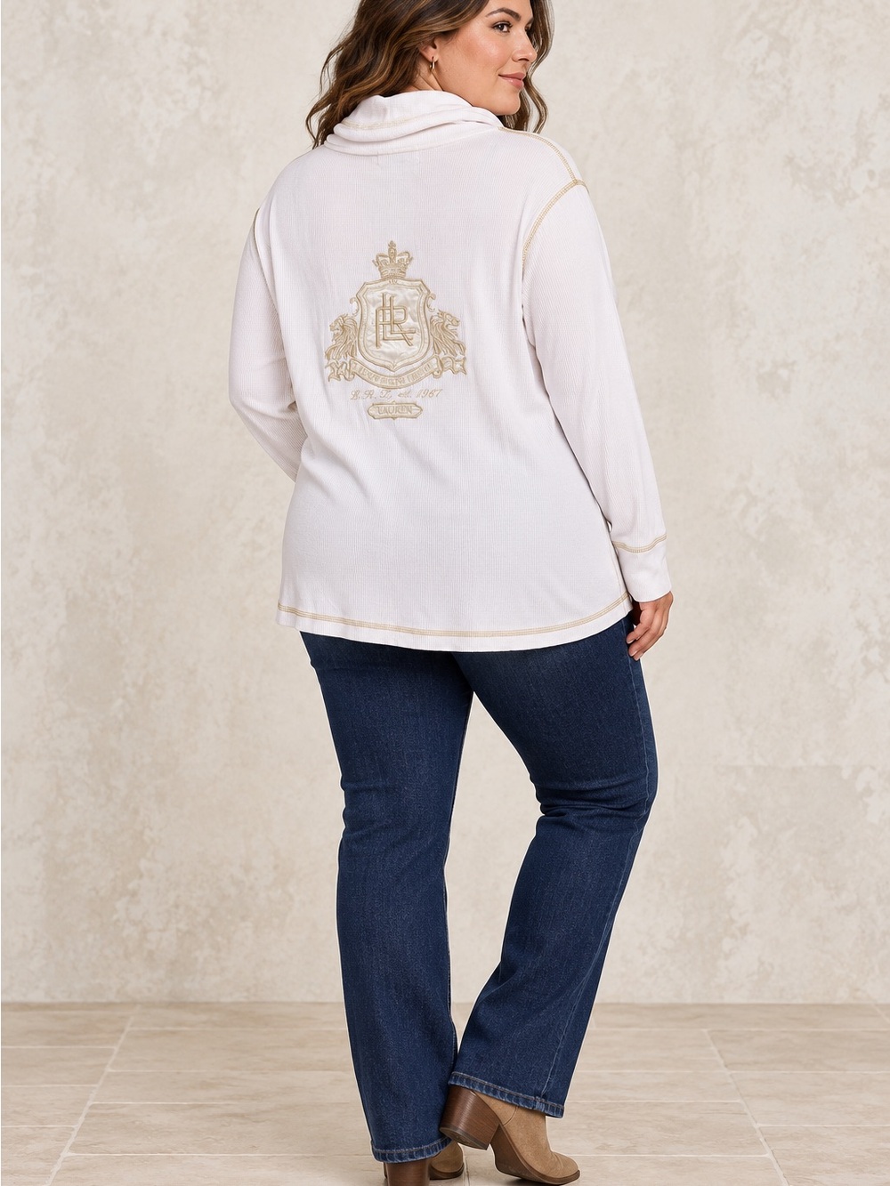 Lauren Ralph Lauren Cream Long-Sleeve Thermal with Embroidered Crest Size 3X